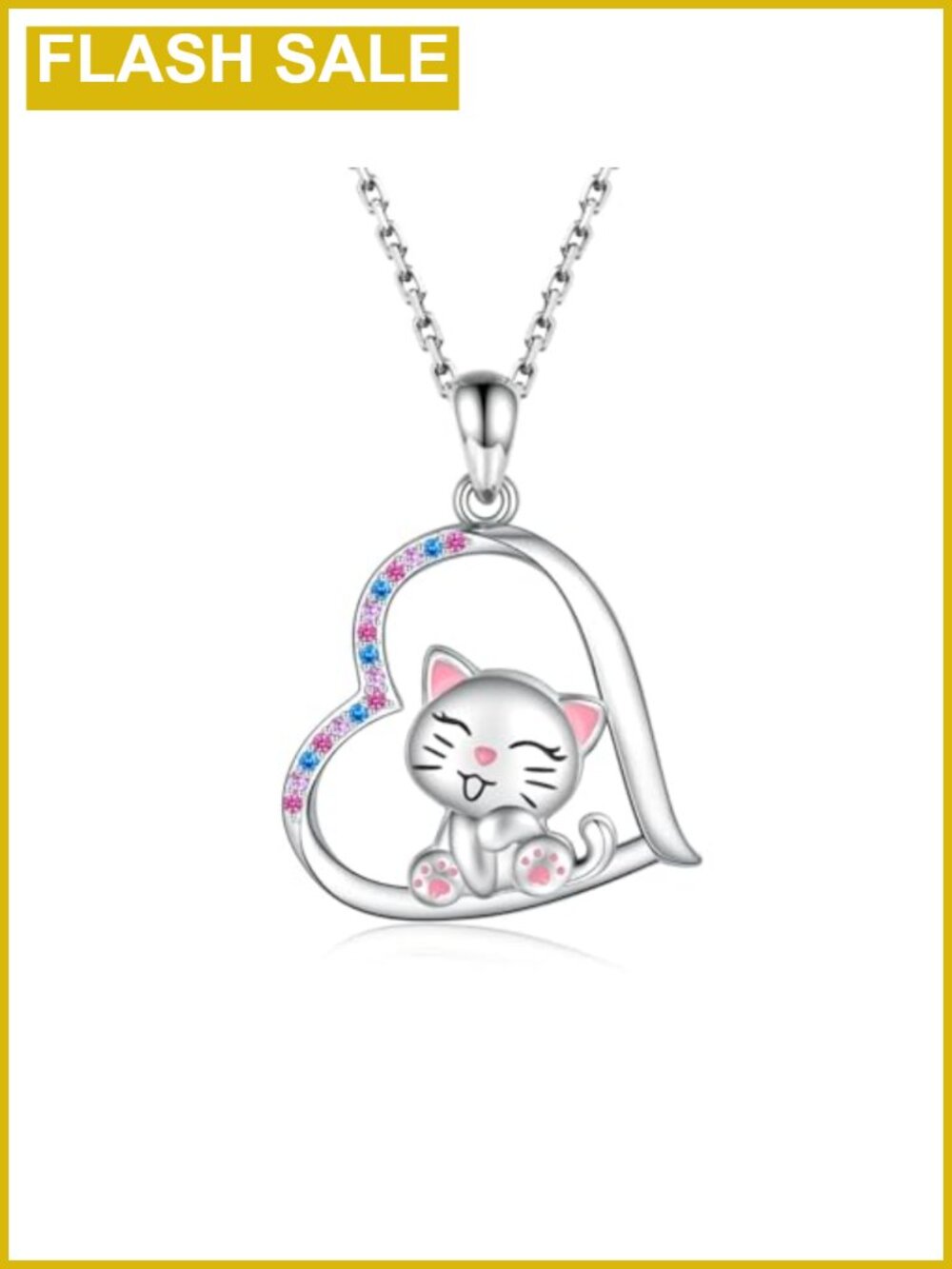Cat Pendant Necklace for Kids Silver Plated Stainless Steel Chain